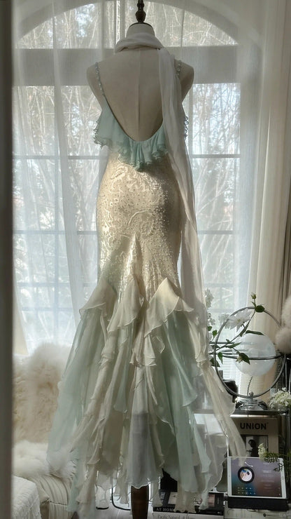 Beautiful Light Blue V-neck Ruffled Beaded Chiffon Mermaid Long Prom Dress P3319