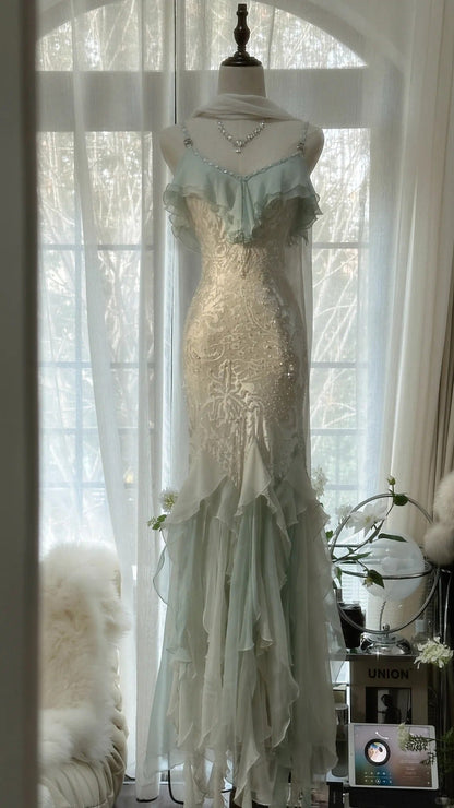 Beautiful Light Blue V-neck Ruffled Beaded Chiffon Mermaid Long Prom Dress P3319