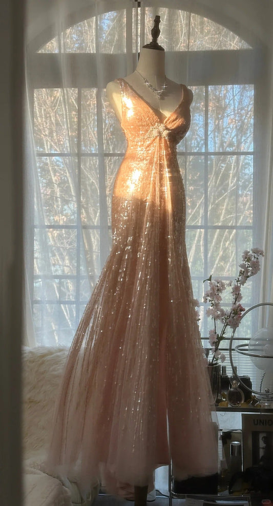 Shiny Princess Pink V-neck Sequined Backless Mermaid Long Prom Dress P3330