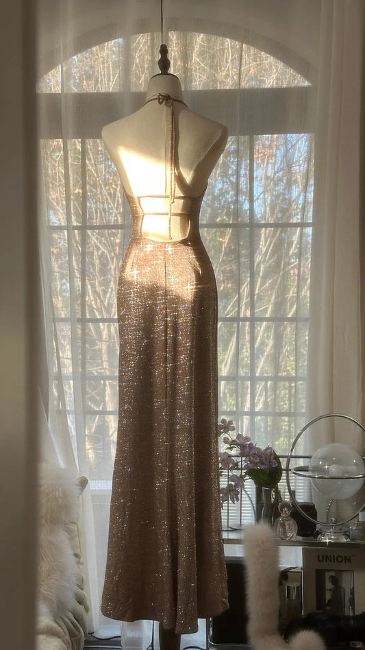 Sparkling Champagne Halter Neck Sequin Mermaid Long Prom Dress P3332