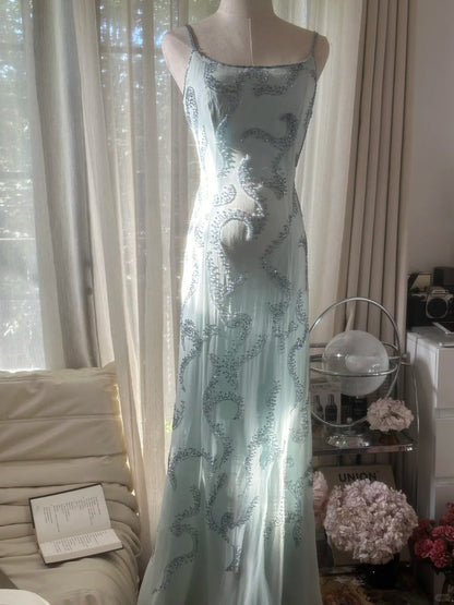 Lake Blue Square Neck Beaded Strap Long Prom Dress P3348
