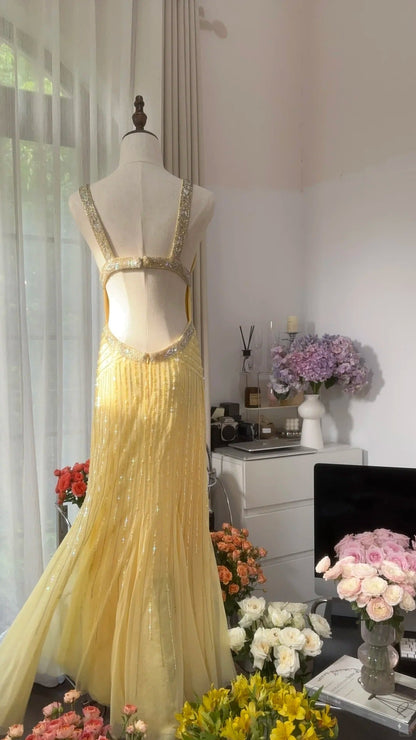 Vintage Yellow Backless Beaded Chiffon Long Prom Dress P3350