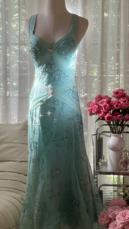 Stunning Blue Backless Beaded Chiffon Mermaid Maxi Prom Dress P3357
