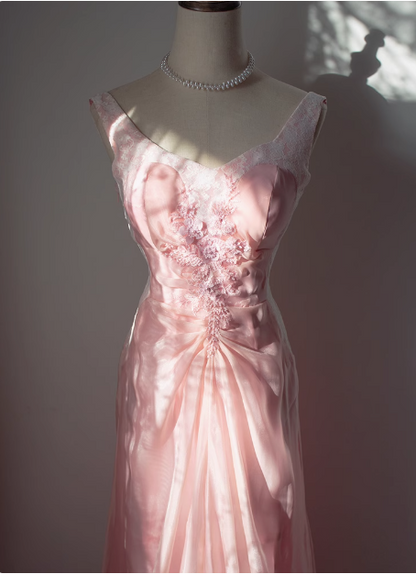 Vintage Pink Beaded Backless Lace Long Prom Dress P3473