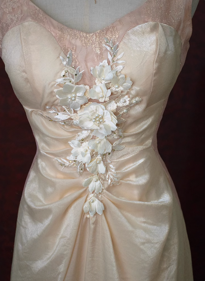 Vintage Beige Beaded Backless 3D Flower Gradient Long Prom Dress P3474