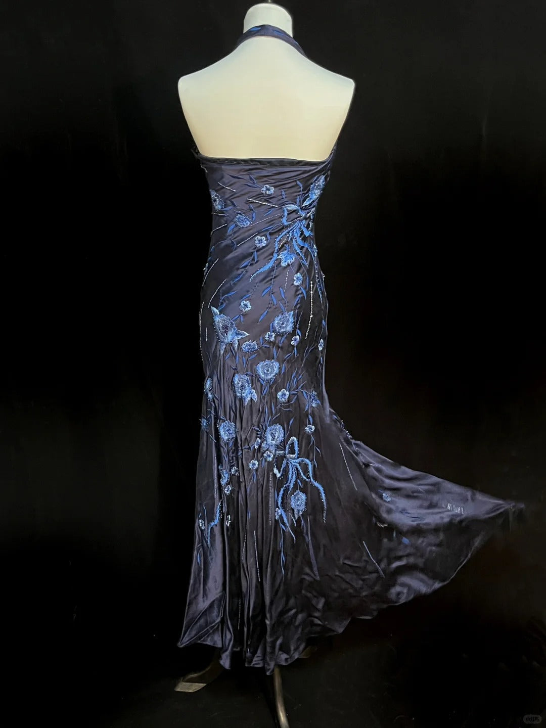 Elegant Navy Halter Neck Embroidered Satin Long Prom Dress P3490