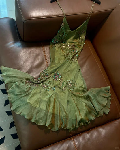 Retro Green Mermaid Spaghetti Strap Exquisite Beaded Chiffon Prom Dress Party Dress SH4068