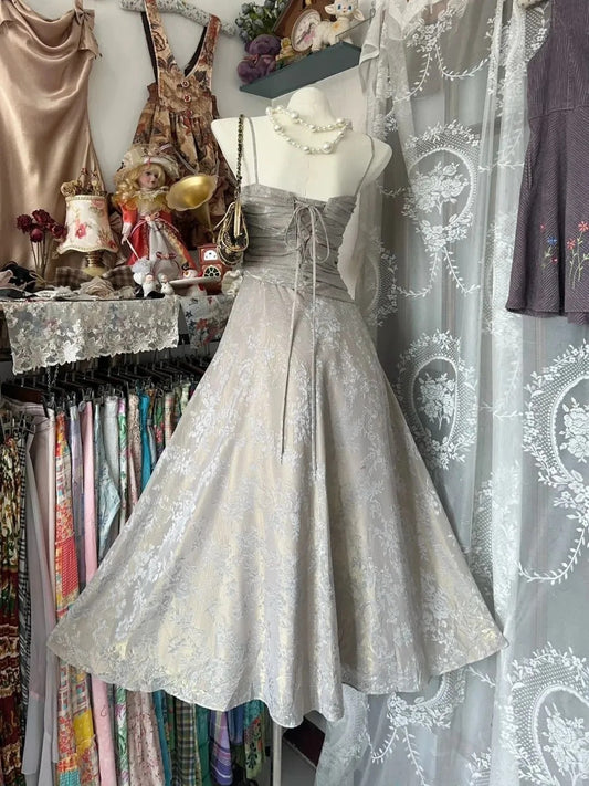 Beautiful Grey Spaghetti Straps A-line Prom Dress With Strappy Back P3498