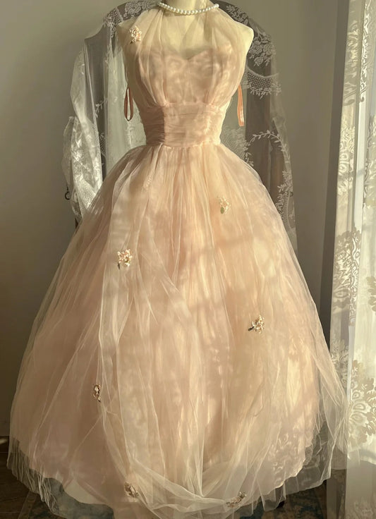 Cute Pink Halter Neck Sleeveless Tulle Puff Prom Dress P3499