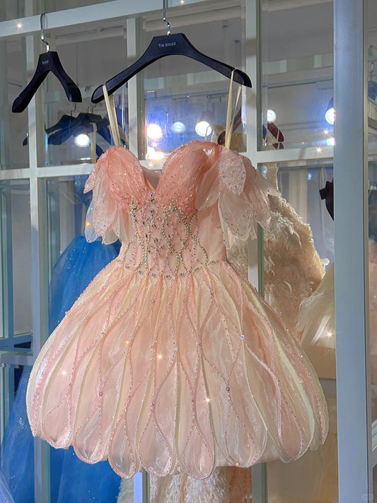 Shiny Pink Beaded Sling Petal Skirt Princess 17th Birthday Homecoming Dress P3564