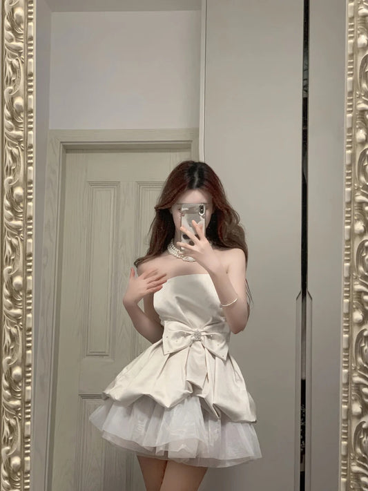 Cute White Strapless Bow Satin Tulle Mini 17th Birthday Homecoming Dress P3566