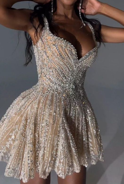 Shiny White Strappy V-Neck Beaded A-Line 17th Birthday Homecoming Dress P3709
