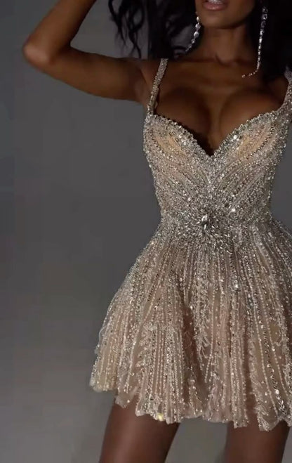 Shiny White Strappy V-Neck Beaded A-Line 17th Birthday Homecoming Dress P3709
