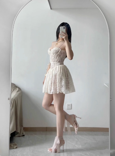 Sexy Lace Suspender Princess Dress Fishbone A-line Birthday Dress Homecoming Dress P3731