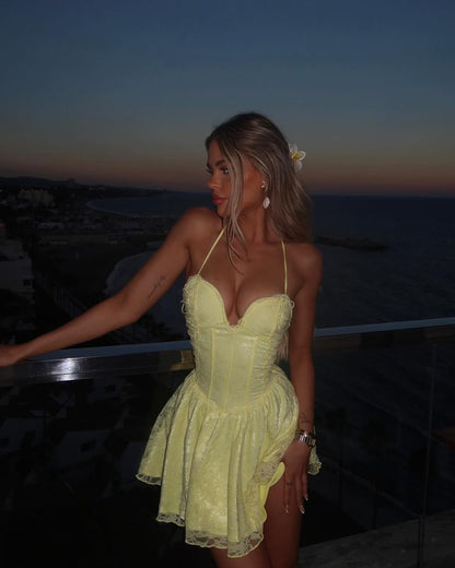 Cute Lace Halterneck Low-cut Light Yellow A-line 17th Birthday Homecoming Dress P3744