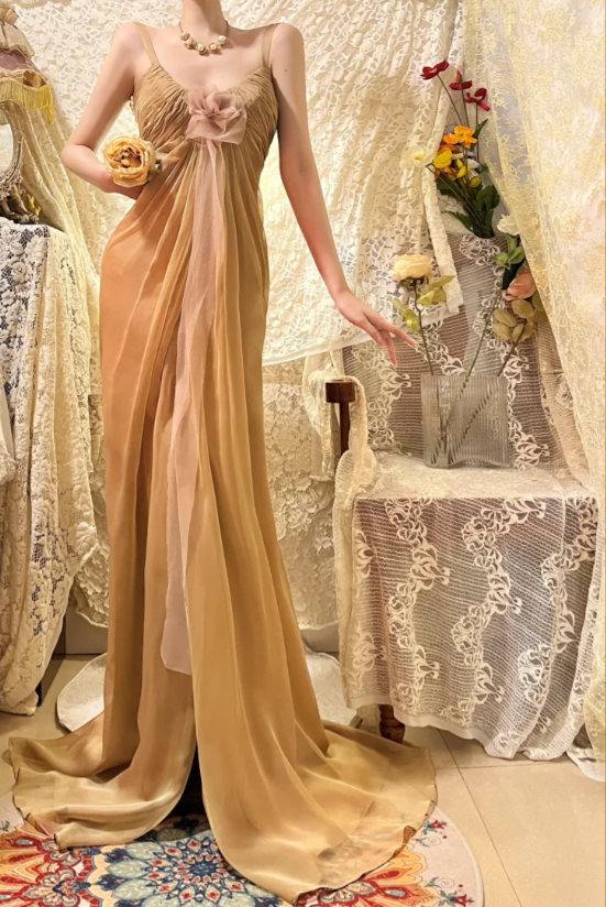 Flowing Strappy V-neck Slit Chiffon Prom Dress P3757