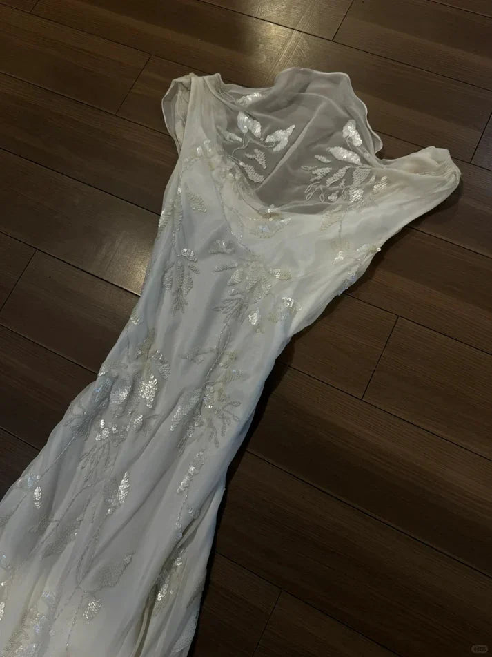 Light Pink Mermaid Round Neck Beaded Floral Chiffon Evening Dress Party Dress SH3801