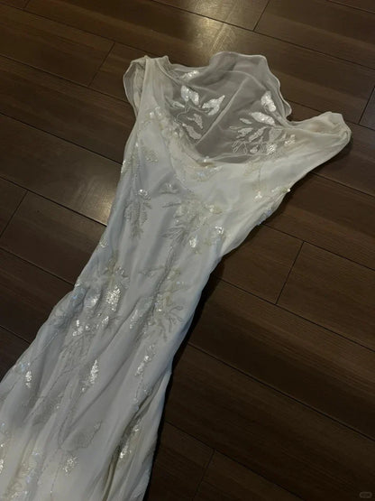 Light Pink Mermaid Round Neck Beaded Floral Chiffon Evening Dress Party Dress SH3801