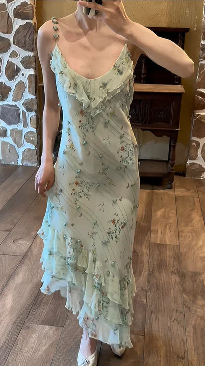 Sage Green Sheath Spaghetti Straps Beaded Chiffon Prom Dress Party Dress SH4064