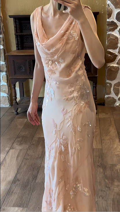 Sweet Pink Sparkling Sequin Swing Neck Chiffon Prom Dress P3792