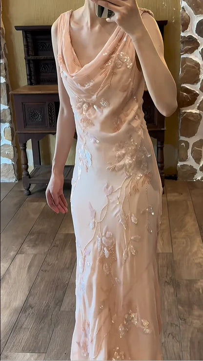 Light Pink Mermaid Round Neck Beaded Floral Chiffon Evening Dress Party Dress SH3801