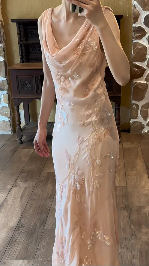 Light Pink Mermaid Round Neck Beaded Floral Chiffon Evening Dress Party Dress SH3801