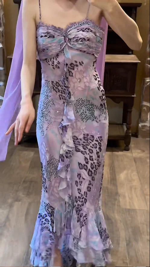 Retro Purple Leopard Mermaid Spaghetti Strap Chiffon Prom Dress Party Dress SH4067