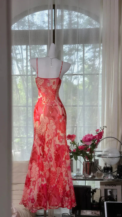 Red Print Floral Mermaid Spaghetti Strap Beaded Chiffon Evening Dress Party Dress SH3797