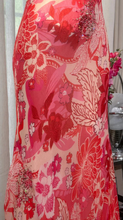 Red Print Floral Mermaid Spaghetti Strap Beaded Chiffon Evening Dress Party Dress SH3797