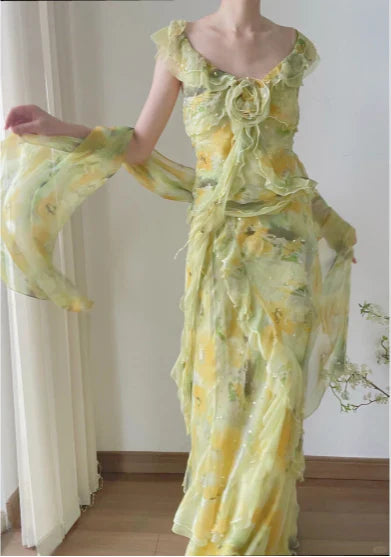 Flowy A Line V Neck Ruffle Yellow Print Floral Green Chiffon Prom Dress Party Dress SH4062