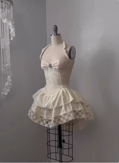 Vintage Jacquard Halter Neck Lace Trim Mini Birthday Skirt Homecoming Dress P3823