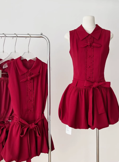 Beautiful Red Three-dimensional Flower Sleeveless Polo Collar Sleeveless Flower Bud Birthday Short Skirt Homecoming Dress P3836