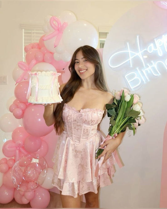 Sweet Satin Tube Top Herringbone Pink Dark Pattern A-line 17th Birthday Homecoming Dress P3925
