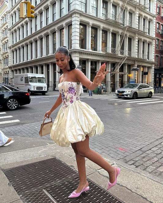 Elegant Embroidered Ivory Strapless Satin Flower Bud Birthday Dress Homecoming Dress P3940