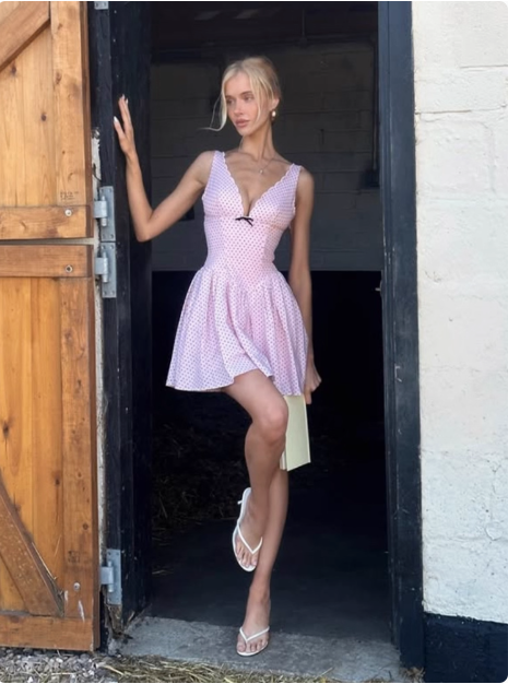 Cute Pink Deep V Polka Dot A-line Birthday Dress Homecoming Dress P3979
