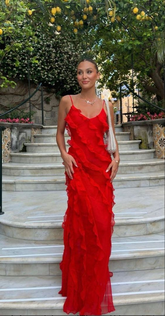 Elegant Mermaid Spaghetti Straps Red Prom Dress 21th Birthday Outfits P662