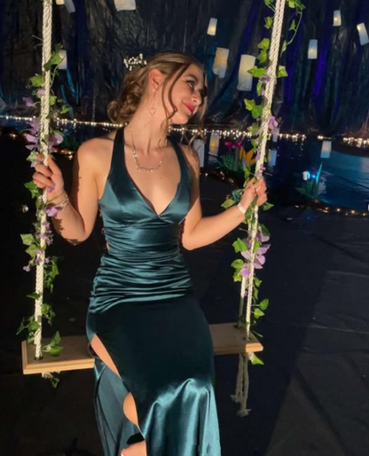 Vintage Mermaid Birthday Party Dresses Navy Blue Long Slit Prom Dresses P699