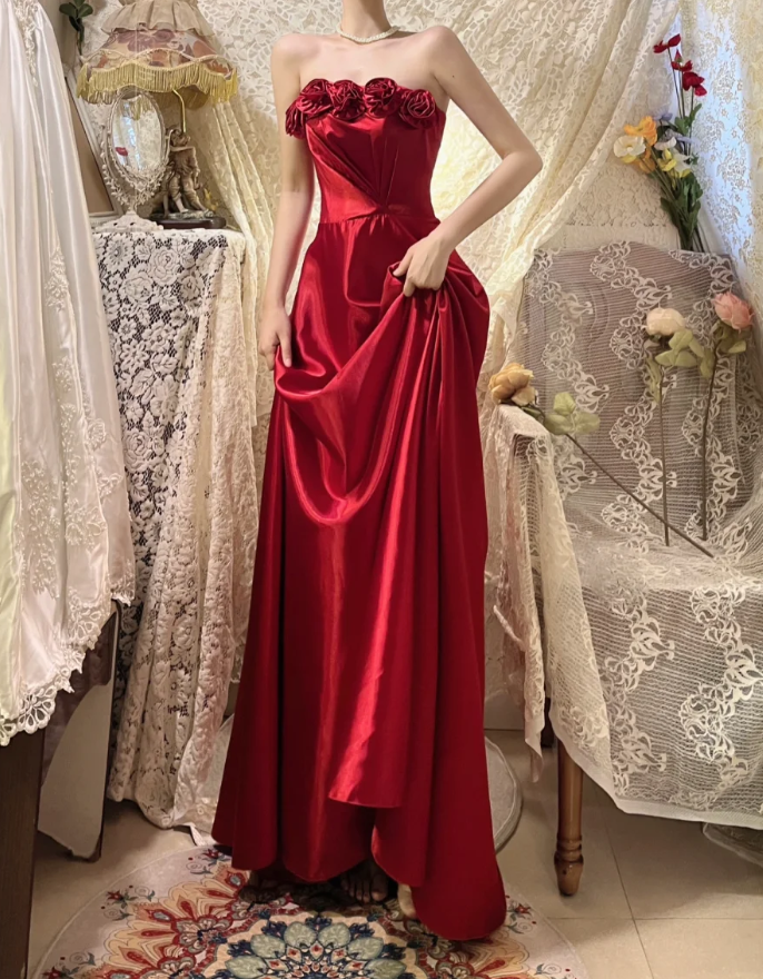 Fashion Red Strapless Satin A Line Long Wedding Guest dress Formal Evening Gown With 3D Flowers D2142