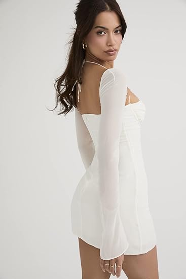 17th Birthday Dresses Long Puff Sleeve Mini Bodycon Mesh Dress Split Hem Sexy Birthday Outfits P787