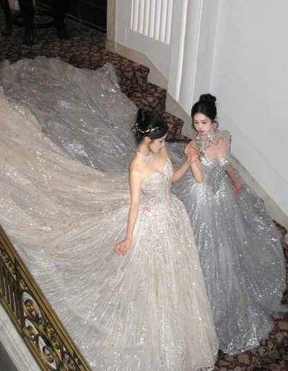 Shiny Ball Gown Sweetheart Neck Sequin Beaded Tulle Prom Dress 18th Birthday Dress SH4921