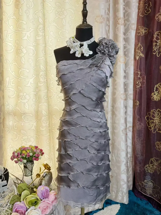 Vintage One Shoulder Gray Chiffon Sheath Cocktail Dress Formal Graduation Homecoming Dress D454