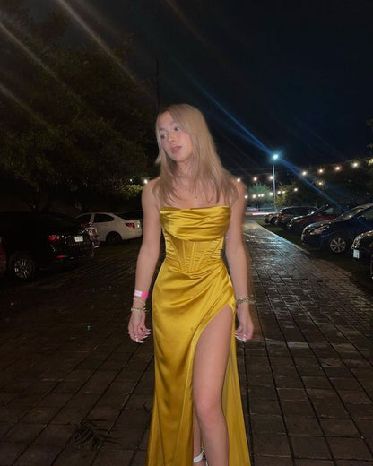 Sexy Mermaid Silk Satin Straps Evening Party Dress Long Yellow Prom Dress P832