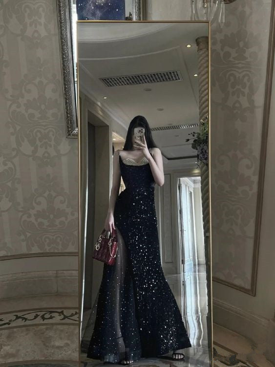 Mermaid Long Prom Dress New Sequin Sexy Black Slit Evening Dress P917