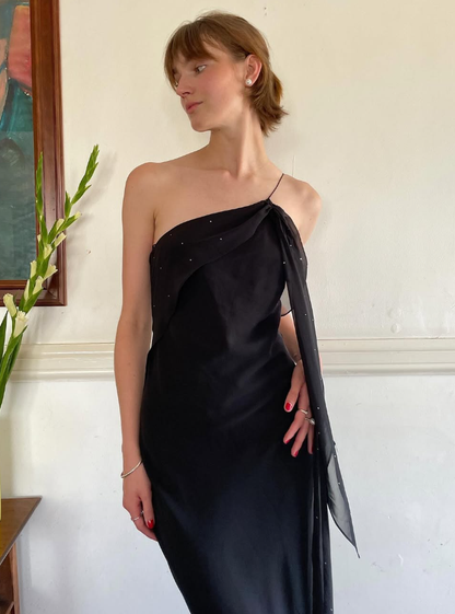 Sexy Sheath Spaghetti Strap Beaded Black Chiffon   Long Prom Dress Prom Dress SH2650