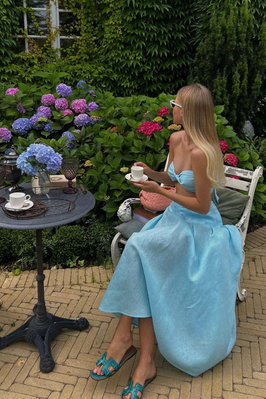 2 Pieces Sleeveless Light Sky Blue Satin Prom Dress P983