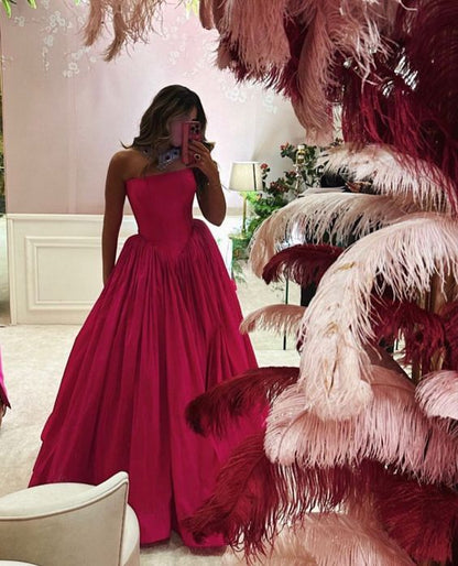 Modest A line Strapless Hot Pink Long Satin Prom Dresses P995