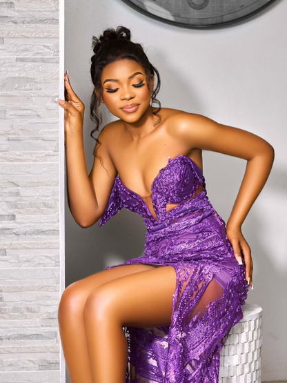 Unique Mermaid Strapless Purple Beaded Velvet Tulle Prom Dress Evening Dress SH2333