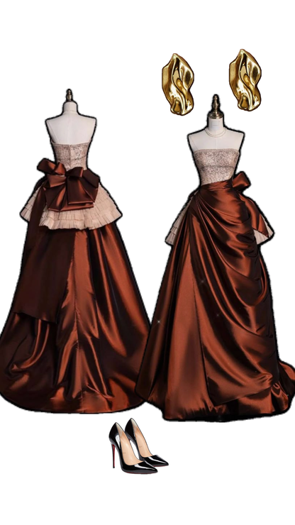 Vintage Strapless Satin Beaded  A Line Evening Dress Prom Gown S194