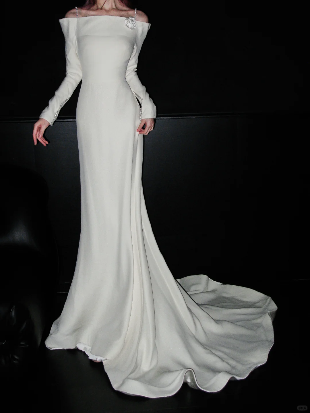 Elegant Mermaid Long Sleeve Floral White Satin Open Back Long Sweep Wedding Dress SH4931