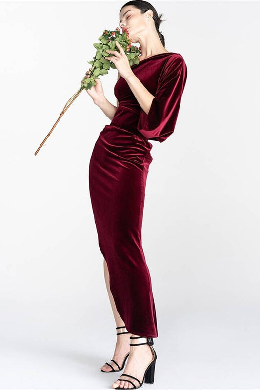 One Shoulder Tight Burgundy Velvet Dress